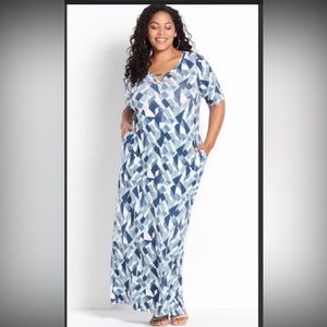 Lane Bryant Blue Deco Keyhole-Neck Maxi Tee Dress
